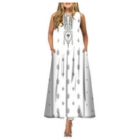 Održive ljetne haljine za žene Ženska ležerna haljina s printom s velikim rubom duga haljina bez rukava s okruglim vratom bijela