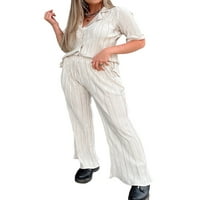 Ženski komplet s nabranim hlačama, jednobojna košulja kratkih rukava s reverima na kopčanje + hlače s elastičnim strukom
