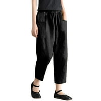 Teretne hlače ženske široke hlače od pamuka i lana od pamuka i lana s elastičnim pojasom i džepovima
