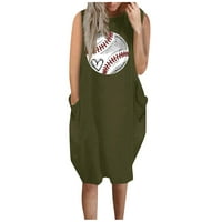 Modna ženska labava Majica Bez rukava s okruglim vratom s bejzbolskim printom u tamnozelenoj boji;
