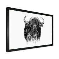 Dizajnerska umjetnička gravura crno-bijeli portret Buffalo meme uokvirena seoskom kućom