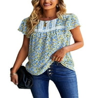 Ženske ljetne majice s cvjetnim printom Majica kratkih rukava sportska majica s volanima bluza od tunike s okruglim vratom plava