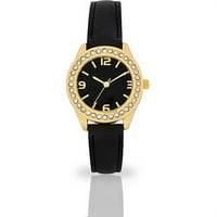 Ženski modni sat s crnim biranjem i zlatnim okvirom, crni remen od PU kože