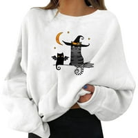 Ženski topovi s grafičkim printom za Noć vještica, ženski puloveri sa zabavnim printom, majica s dugim rukavima bez kapuljače,Bijela,