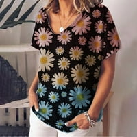 Ženske ljetne majice, Ženske modne Ležerne bluze s izrezom u obliku slova u i kratkim rukavima, cvjetne košulje od tunike, crne 5