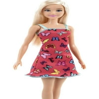 Modna lutka Barbie s plavom kosom odjevena u šarenu haljinu s printom leptira