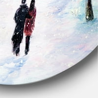 DesignArt 'par zaljubljenih šetnji tijekom snježnog zimskog vremena tradicionalna metalna zidna umjetnost od 23 godine - disk od