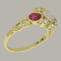 Prsten od 10k engleskog žutog zlata s prirodnim opalom, rubinom i dijamantom ženski jubilarni Prsten-Veličina 4