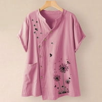 Ženske majice s printom, ležerna kratka široka košulja bez rukava s izrezom u obliku slova U I gumbima, vrhovi bluze u ružičastoj