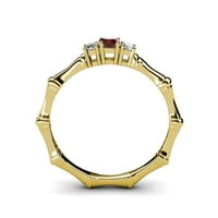 Crveni granat s bočnim dijamantom, bambusov prsten s tri kamena od 0,5 karata u žutom zlatu od 14 karata.veličina 6,5
