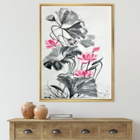 DesignArt 'Pink vintage lotos cvijet i jednobojne lišće' tradicionalno uokvireno platno zidne umjetničke print