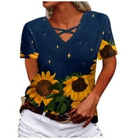 Ženske bluze Ženska majica s izrezom u obliku križa u obliku šupljine s kratkim rukavima s printom suncokreta, Mornarsko plava Majica