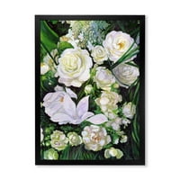 DesignTart 'buket bijelih ruža s tradicionalnim uokvirenim umjetničkim printom zelenog lišća