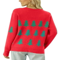 Ženski pulover s printom božićnog drvca, božićni pleteni džemperi, džemperi s dugim rukavima, preveliki Božićni džemper s okruglim