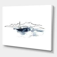 Dizajnerska umjetnost minimalistički morski pejzaž s brodom i crnim planinama, nautički i obalni otisak na platnu za zidnu umjetnost