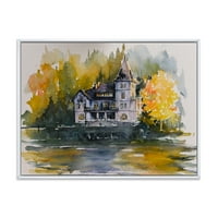 Dizajnerska umjetnost dvorac s jesenskim drvećem na obali jezera kuća na jezeru na platnu uokvirena zidnim umjetničkim tiskom