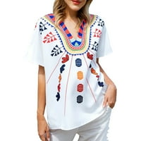Ženska ležerna modna Temperamentna bluza s izrezom u obliku slova U s etničkim printom s kratkim rukavima u obliku slova U u obliku