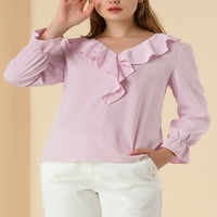 Jedinstveni prijedlozi ženska šifonska bluza u seljačkom stilu s izrezom u obliku slova U i volanima za uredski rad