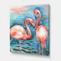 Ružičasti flamingos ljubavne ptice u plavoj vodi slikajući platno umjetnički tisak