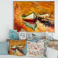 Dizajnerska umjetnost crveni i bijeli čamci na molu s nautičkom i obalnom tematikom, uokvireni zidni otisak na platnu