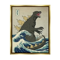 Stupell Industries Godzilla In The Waves Eastern Poster Style Ilustracija Metalno zlato uokvireno plutajućem platnu zidna umjetnost,