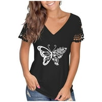 Ženske ljetne majice s izrezom i printom leptira u obliku slova U, majice, ležerna čipkasta bluza kratkih rukava, Crna