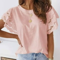Ženske majice, Ženske jednobojne široke bluze s okruglim vratom s čipkastim kratkim rukavima u ružičastoj boji