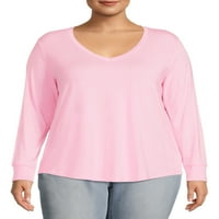 Terra & Sky ženska majica s V-izrezom plus veličine s dugim rukavima