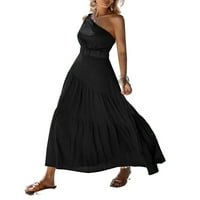 Elegantne jednobojne crne ženske haljine A kroja bez rukava Na jedno rame