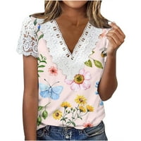 Čipkasti vrhovi za žene s kratkim rukavima i dekolteom u obliku donjeg dijela, ljetne široke bluze s cvjetnim printom, elegantne