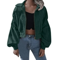 Ženska modna velur jednobojna ošišana jakna s reverom s dugim rukavima kaput s patentnim zatvaračem zeleni;